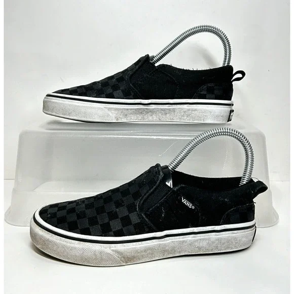 Vans Off The Wall Kids Youth Size 3 Checkerboard Slip On Black Sneakers Shoes - Picture 1 of 6